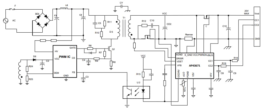 应用电路图 - Diodes Incorporated AP43671 USB Type-C™供电 (PD) 控制器